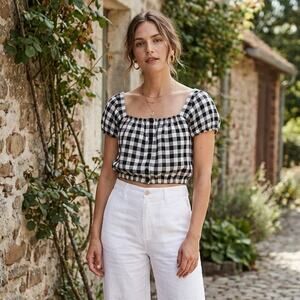 NWT Madewell Linen Puff-Sleeve Button-Front Crop Top in Gingham Check, size XS